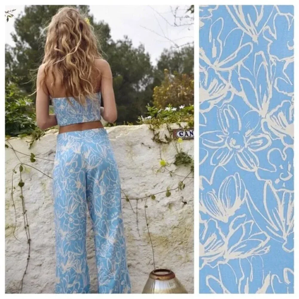 New Zara Full Length Floral Linen Blend High Waisted Blue/White Pants NWT Small